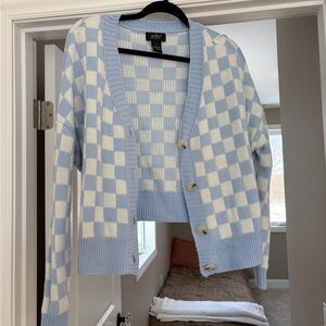 Blue and White Checkered Cardigan